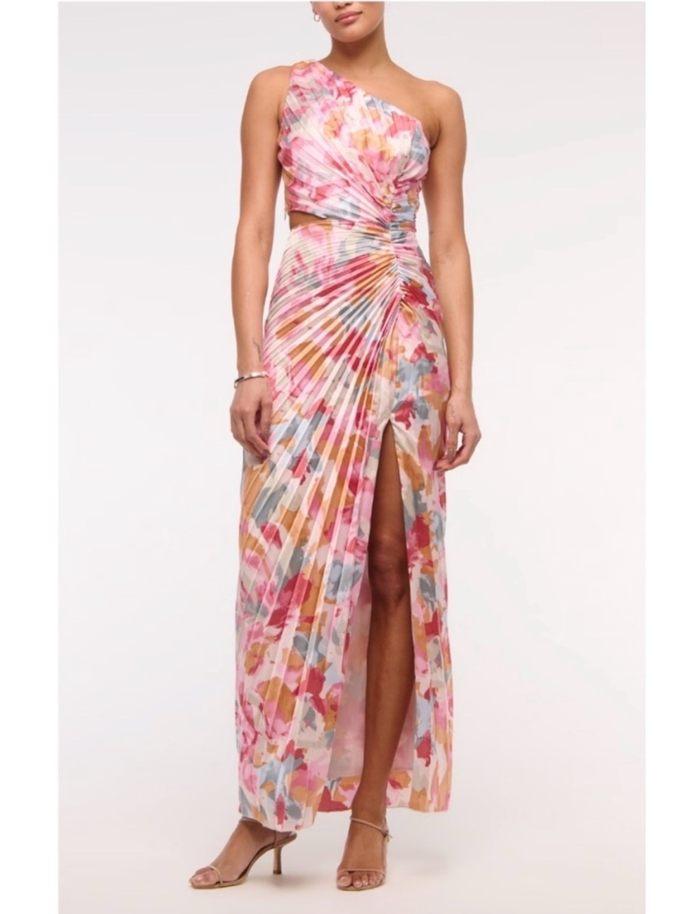 Abercrombie & Fitch One-Shoulder Floral Pleated Maxi Dress in Pink and Peach